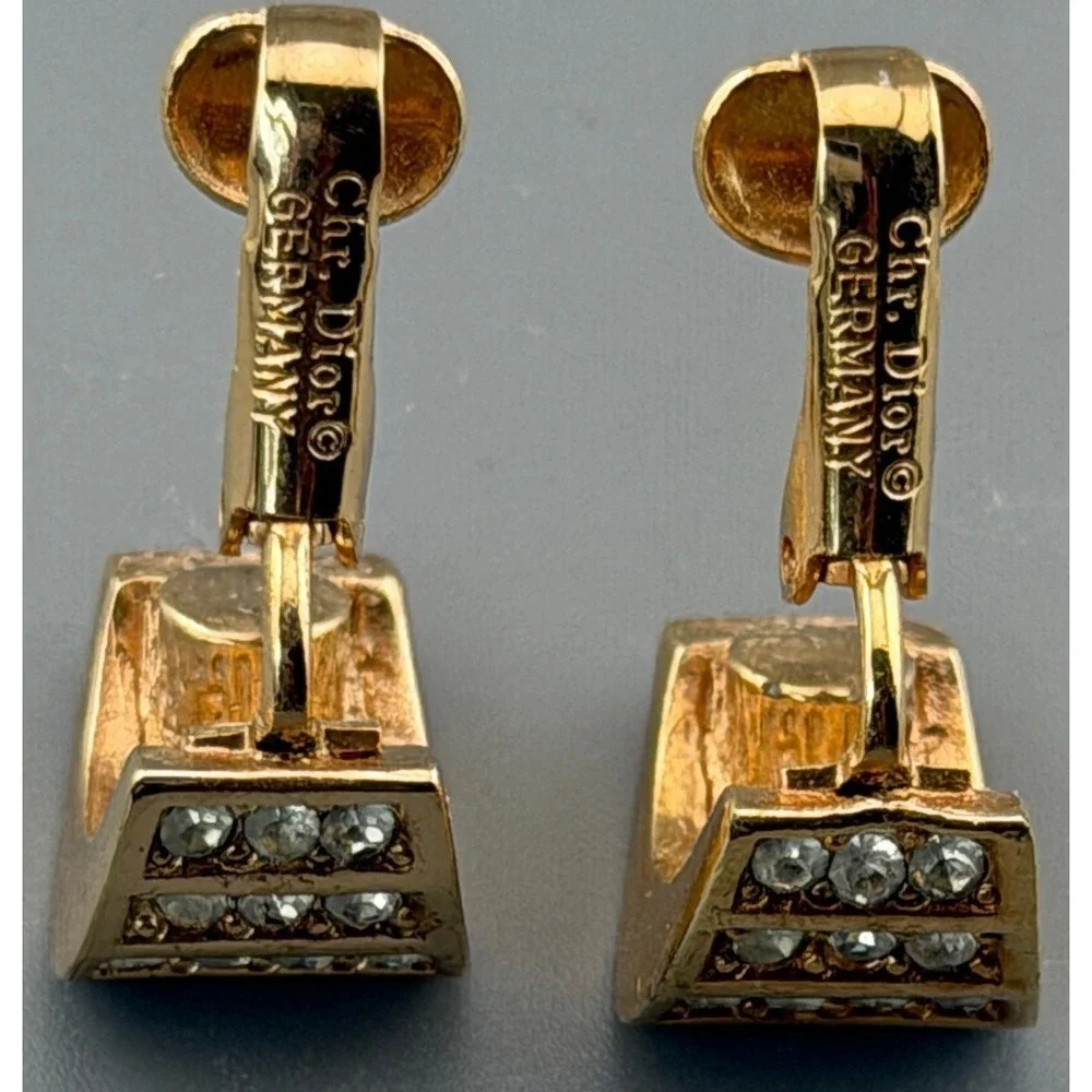Vintage Christian Dior Germany Earrings Rhinestone Half Hoop Clip Gold Tone 5/8